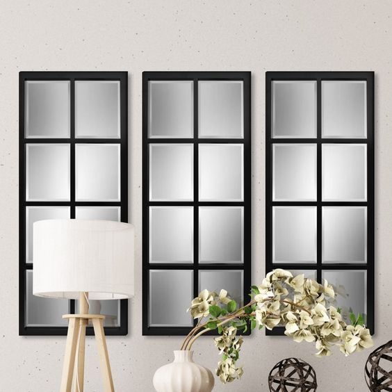 Pleksi Aynalı 3lü Dekoratif Pencere Siyah 80x30cm